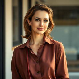 A 40-year-old European woman depicted in a half-length photograph, dressed elegantly