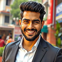 A very handsome Indian man aged 35, with charming features, a well-groomed beard, and stylish hair