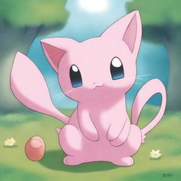 Illustrate a playful scene with the Pokemon Mew in a lovable and humorous act of mogging, demonstrating personality and charm