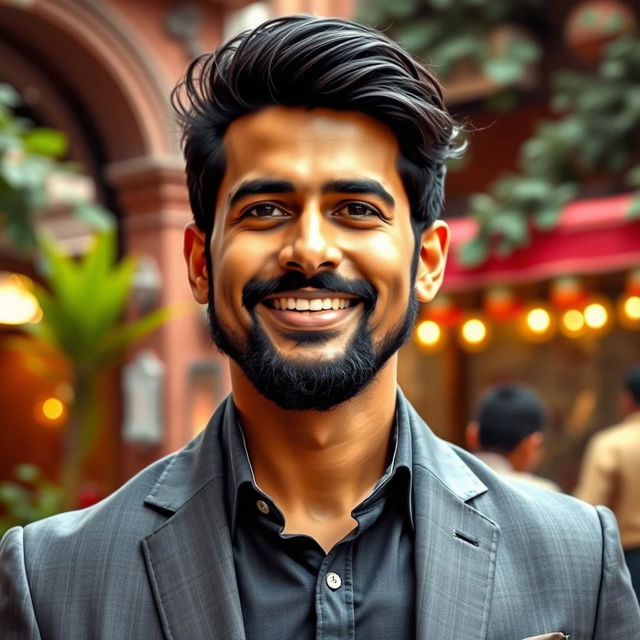 A very handsome Indian man aged 35, with charming features, a well-groomed beard, and stylish hair