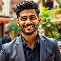 A very handsome Indian man aged 35, with charming features, a well-groomed beard, and stylish hair