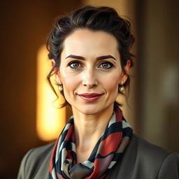 A 40-year-old European woman, portrayed in a half-length photograph, dressed in fashionable attire