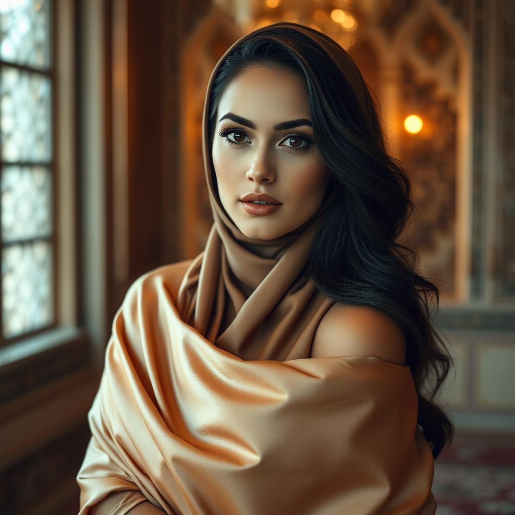 A beautiful Muslim woman, elegantly draped in a luxurious silk fabric that hints at her figure without revealing too much