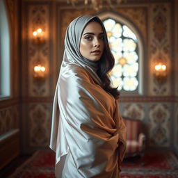 A beautiful Muslim woman, elegantly draped in a luxurious silk fabric that hints at her figure without revealing too much