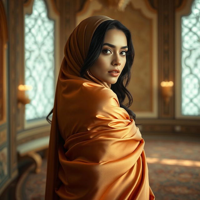 A beautiful Muslim woman, elegantly draped in a luxurious silk fabric that hints at her figure without revealing too much