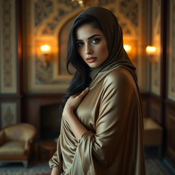 A beautiful Muslim woman, elegantly draped in a luxurious silk fabric that hints at her figure without revealing too much