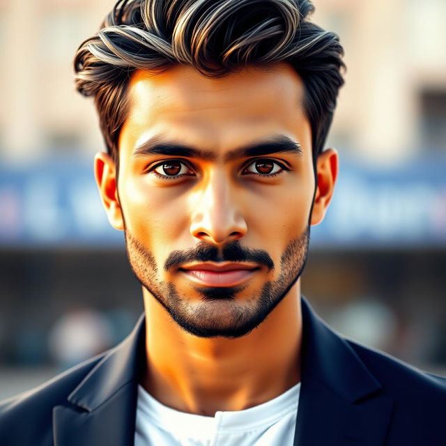 A portrait of a very handsome Indian man, aged 35, with striking features