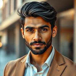 A portrait of a very handsome Indian man, aged 35, with striking features