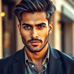A portrait of a very handsome Indian man, aged 35, with striking features