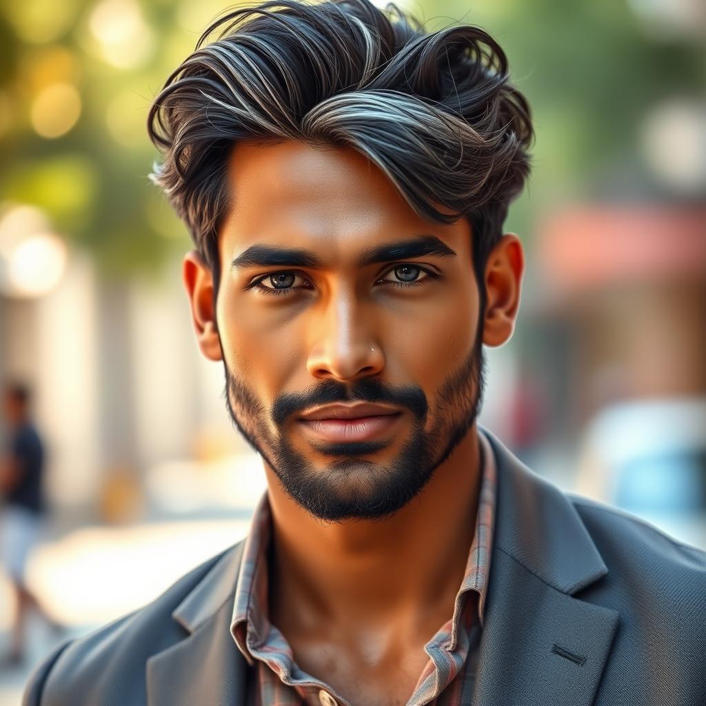 A portrait of a very handsome Indian man, aged 35, with striking features