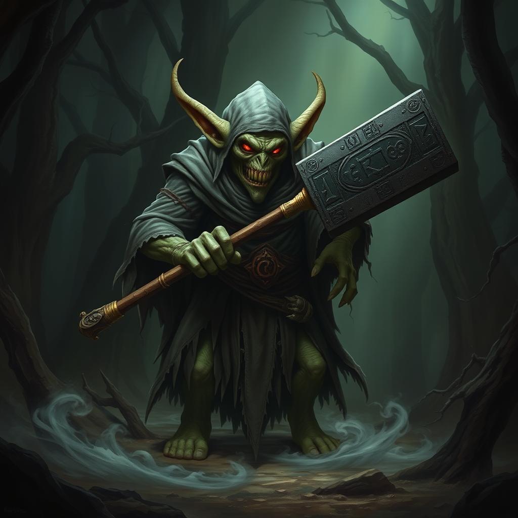 An imposing undead tall goblin, cloaked in tattered robes, standing in a dimly lit forest clearing