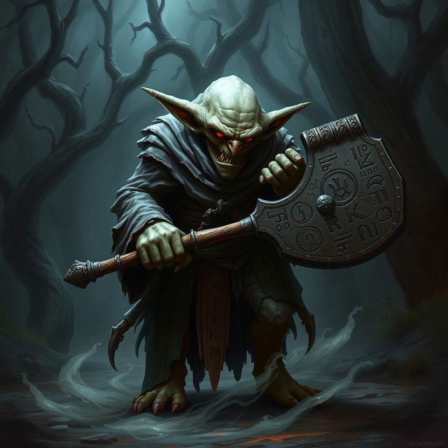 An imposing undead tall goblin, cloaked in tattered robes, standing in a dimly lit forest clearing