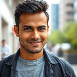 A very handsome Indian man aged 35 with an attractive facial structure, showing subtle signs of thinning hair