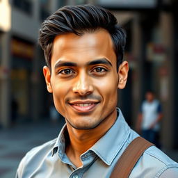 A very handsome Indian man aged 35 with an attractive facial structure, showing subtle signs of thinning hair