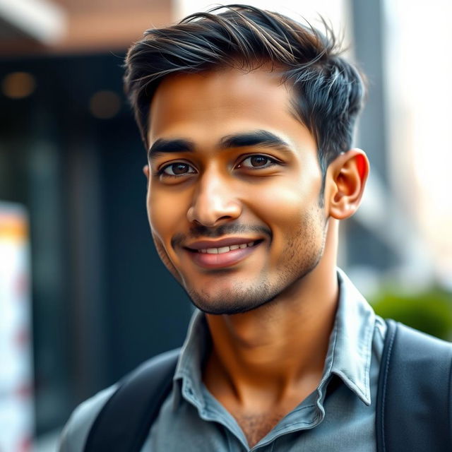 A very handsome Indian man aged 35 with an attractive facial structure, showing subtle signs of thinning hair