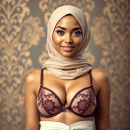 A striking Muslim woman wearing a stylish hijab, beautifully complementing her outfit