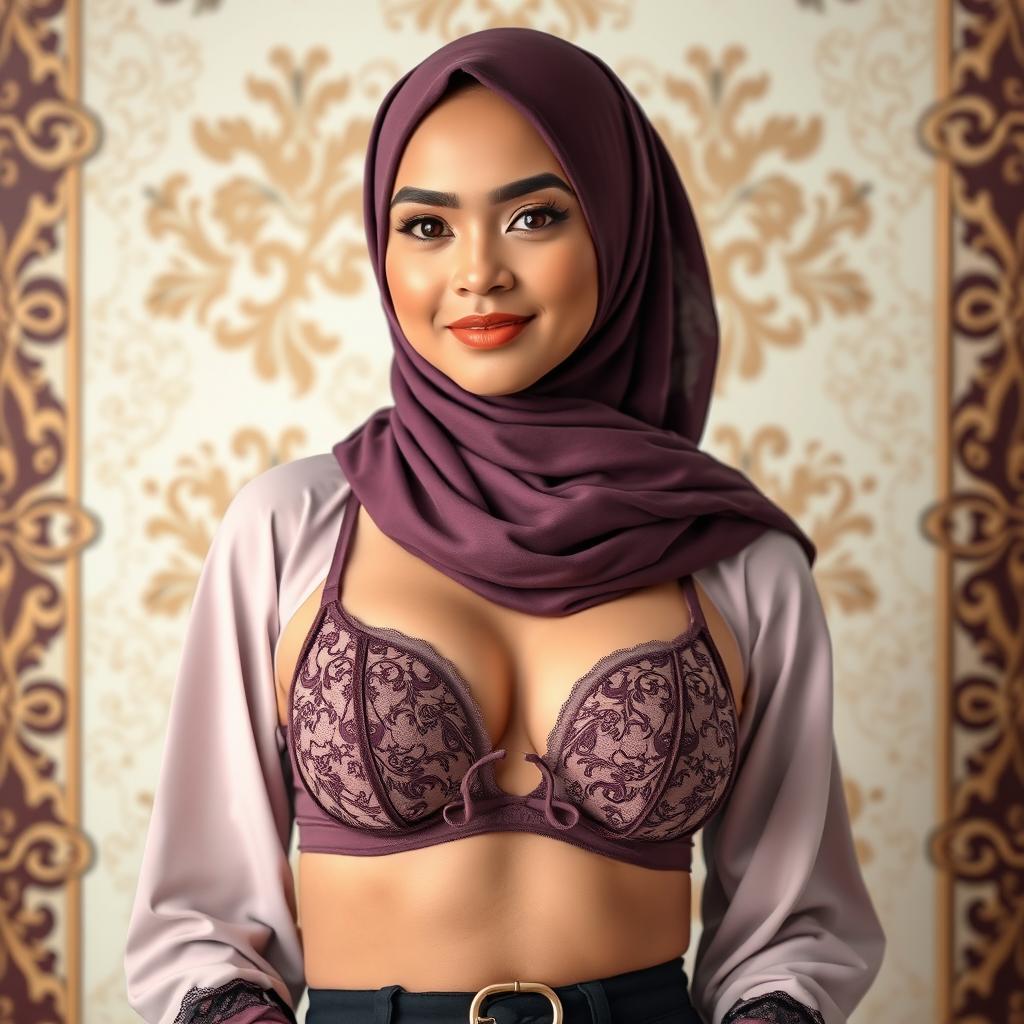 A striking Muslim woman wearing a stylish hijab, beautifully complementing her outfit