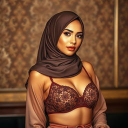 A striking Muslim woman wearing a stylish hijab, beautifully complementing her outfit