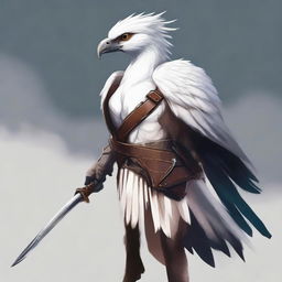 A vigilant female Aarakocra, her plumage a pristine white, dressed in simple, rustic clothing