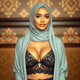 A striking Muslim woman wearing a stylish hijab, beautifully complementing her outfit