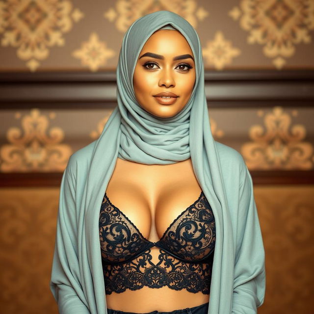 A striking Muslim woman wearing a stylish hijab, beautifully complementing her outfit