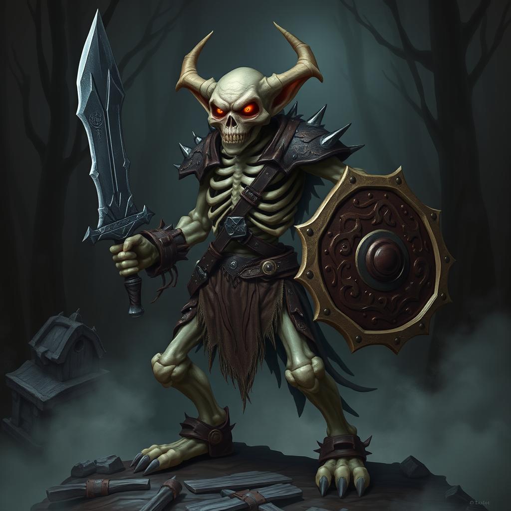 A tall skeleton goblin fighter, standing confidently in a battle stance