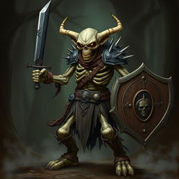 A tall skeleton goblin fighter, standing confidently in a battle stance