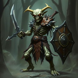 A tall skeleton goblin fighter, standing confidently in a battle stance