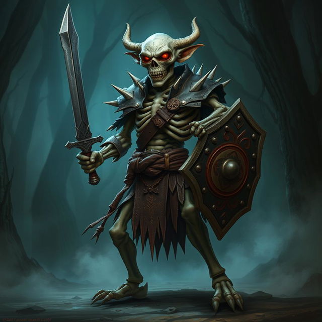 A tall skeleton goblin fighter, standing confidently in a battle stance