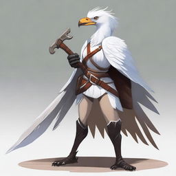 A vigilant female Aarakocra, her plumage a pristine white, dressed in simple, rustic clothing