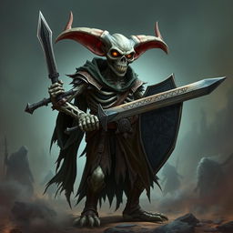 A tall skeleton goblin fighter with elongated warlock ears, standing proudly in a battle-ready pose