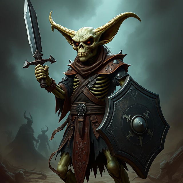 A tall skeleton goblin fighter with elongated warlock ears, standing proudly in a battle-ready pose