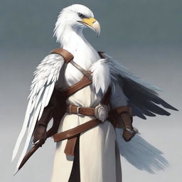 A vigilant female Aarakocra, her plumage a pristine white, dressed in simple, rustic clothing