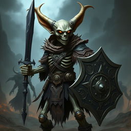 A tall skeleton goblin fighter with elongated warlock ears, standing proudly in a battle-ready pose