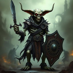 A tall skeleton goblin fighter with elongated warlock ears, standing proudly in a battle-ready pose
