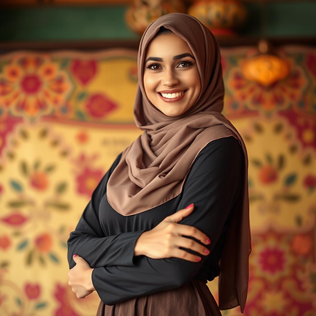 A confident Muslim woman wearing a fashionable hijab that frames her face beautifully