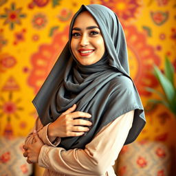 A confident Muslim woman wearing a fashionable hijab that frames her face beautifully