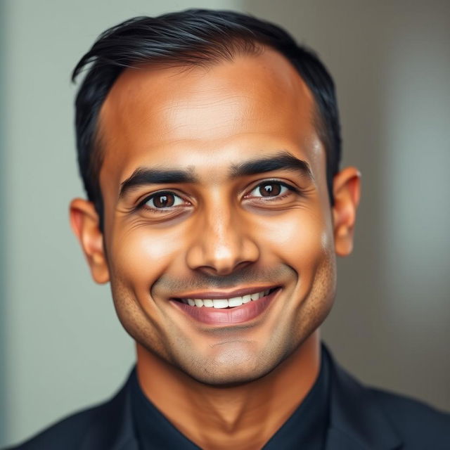 A portrait of a very handsome Indian man aged 35, featuring a well-defined jawline and a charismatic, captivating smile