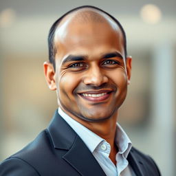 A portrait of a very handsome Indian man aged 35, featuring a well-defined jawline and a charismatic, captivating smile