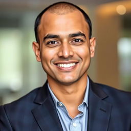 A portrait of a very handsome Indian man aged 35, featuring a well-defined jawline and a charismatic, captivating smile