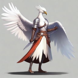 A vigilant female Aarakocra, her plumage a pristine white, dressed in simple, rustic clothing