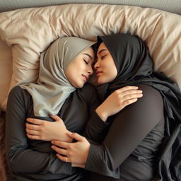 An intimate scene of two young women in hijabs, wearing tight satin shirts, peacefully sleeping in each other's arms on a cozy bed