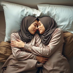 An intimate scene of two young women in hijabs, wearing tight satin shirts, peacefully sleeping in each other's arms on a cozy bed