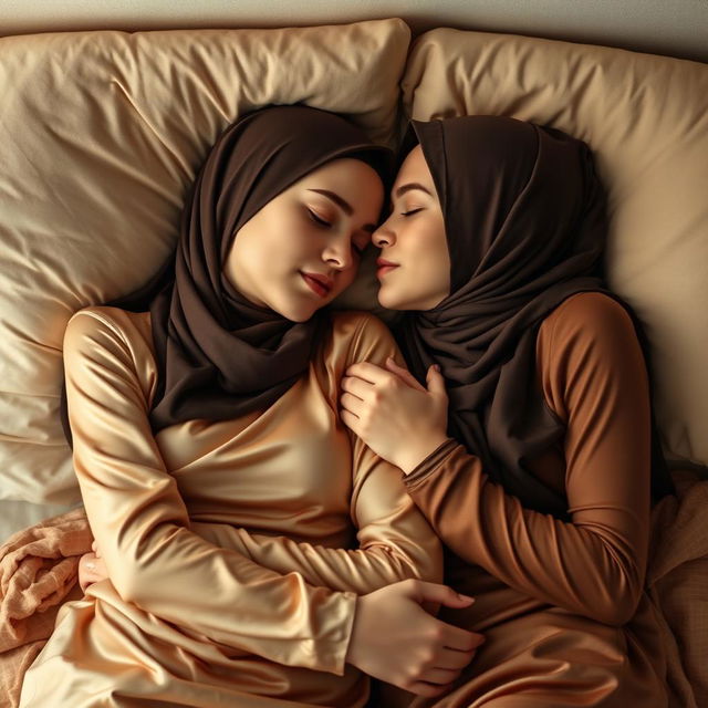 An intimate scene of two young women in hijabs, wearing tight satin shirts, peacefully sleeping in each other's arms on a cozy bed