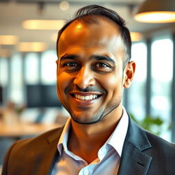 An Indian man, aged 35, with a charming and captivating smile