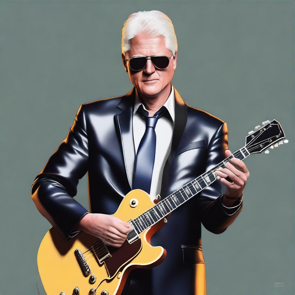 Create a version of Bill Clinton exuding coolness, he is wearing sunglasses, a leather jacket, and playing a sleek, electric guitar