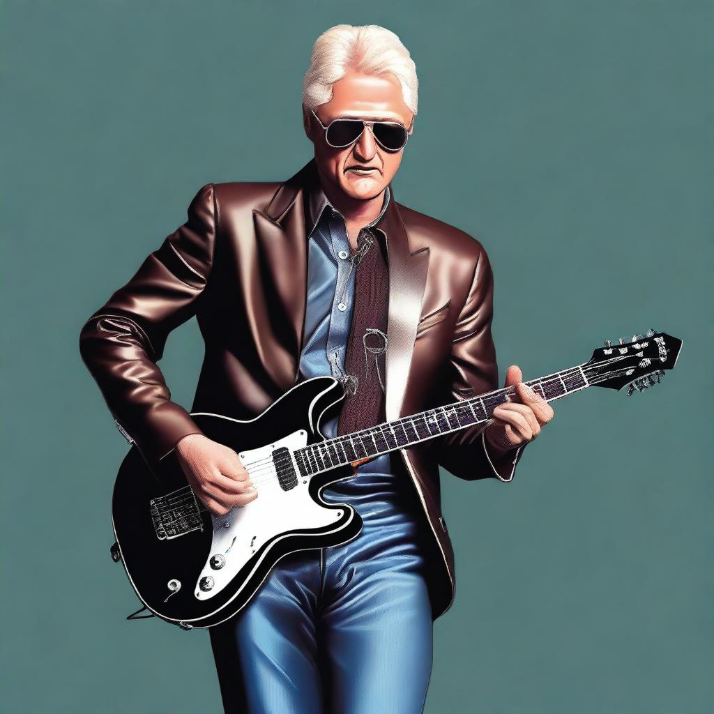 Create a version of Bill Clinton exuding coolness, he is wearing sunglasses, a leather jacket, and playing a sleek, electric guitar