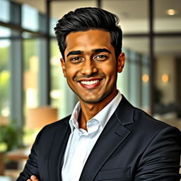 A striking Indian man aged 35, dressed in a sharp business suit with a captivating smile that exudes confidence and charm