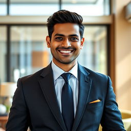 A striking Indian man aged 35, dressed in a sharp business suit with a captivating smile that exudes confidence and charm