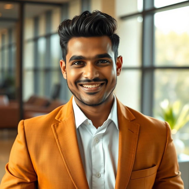 A striking Indian man aged 35, dressed in a sharp business suit with a captivating smile that exudes confidence and charm